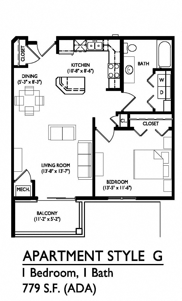 Floor plan for 1 bed, 1 bath, 779 sqft